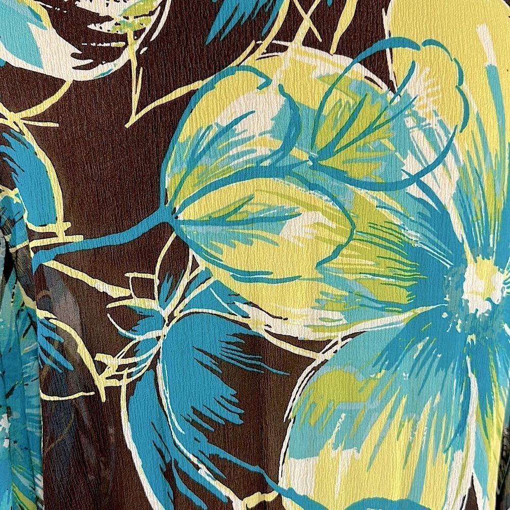 Chico's Silk Tropical Brown & Blue Floral Tunic Top Size 2 (12) LIKE NEW - Picture 5 of 14